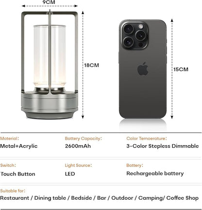 Portable Metal Table Lamp for Indoor/Outdoor ,Rechargeable Cordless LED Lamp, 3-Colour Infinitely Dimming Battery Powered Small Desk Lamp, Restaurant/Bedroom/Bar/Coffee/Camping Light (Sliver Set of 2)