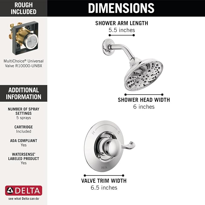 Delta Faucet Esato 14 Series Single-Handle Chrome Shower Faucet, Shower Trim Kit with 5-Spray H2Okinetic Chrome Shower Head, Chrome 142897 (Valve Included)
