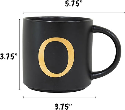 COLLECTIVE HOME - Monogram Ceramic Mugs, 15 oz Golden Initial Black Coffee Cups, Elegant Alphabet Tea Mugs, Elegant Personalized Mug with Gift Box, Unique Mug with Double Side Capital Lette (O)
