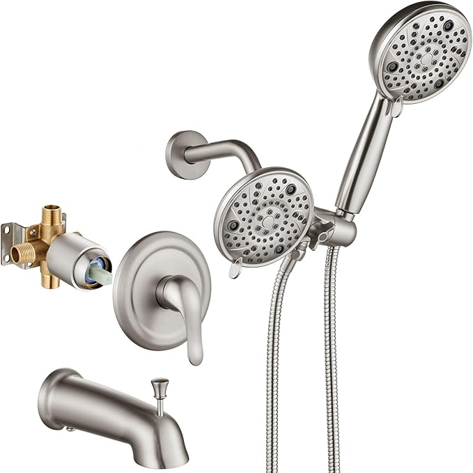 Aolemi Tub Shower Faucet Set with Tub Spout Rain Shower Head System Shower Trim Kit Pressure Rough-in Valve Included ABS 8 Setting Dual Shower Head and Handheld Spray Brushed Nickel