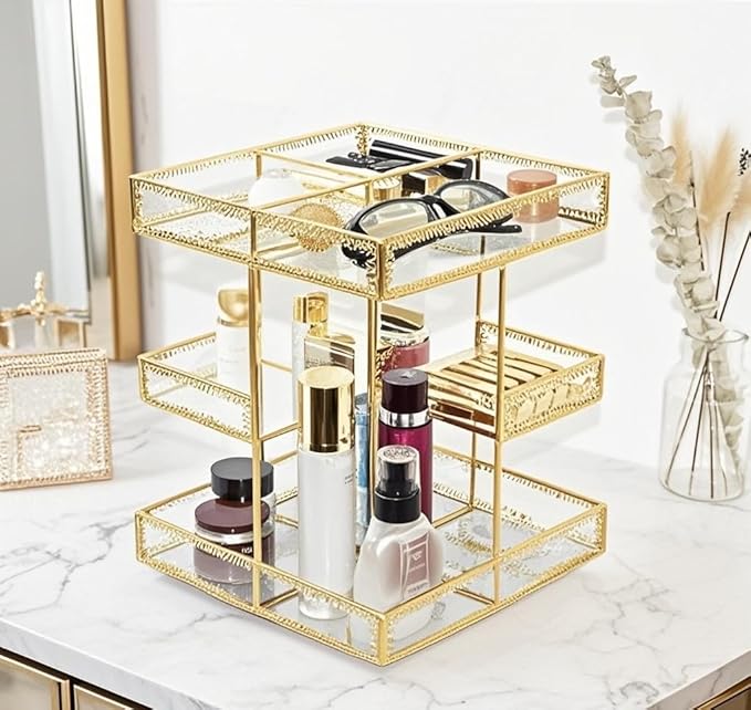 360 Degree Rotation Makeup Organizer Antique Countertop Cosmetic Storage Box Mirror Glass Beauty Display, Gold Spin Large Capacity Holder for Brushes Lipsticks Skincare Toner