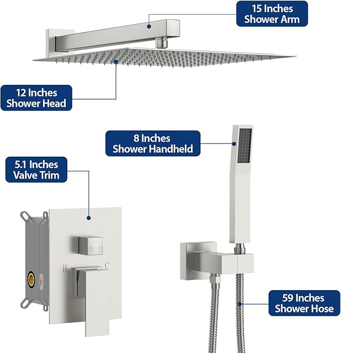 Sarlai Shower Faucet Set Bathroom Square Rainfall Shower Head and Handle Combo Wall Mounted Shower Faucet with Valve 10 Inch Shower Head Trim Systems Brushed Nickel