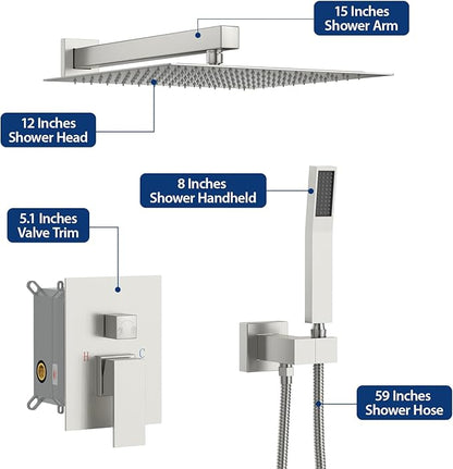 Sarlai Shower Faucet Set Bathroom Square Rainfall Shower Head and Handle Combo Wall Mounted Shower Faucet with Valve 10 Inch Shower Head Trim Systems Brushed Nickel