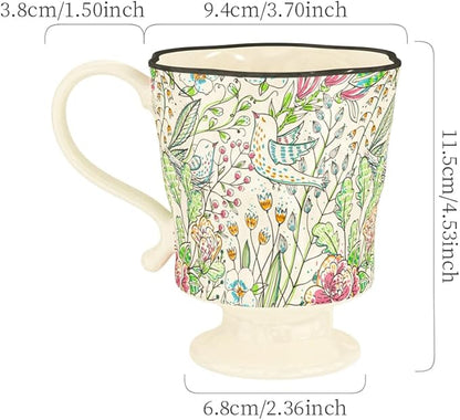 360ml -12.17oz Painted Garden floral Ceramic Mug - Cute Espresso Latte Shot Cup - Gift for Women, Dishwasher Safe