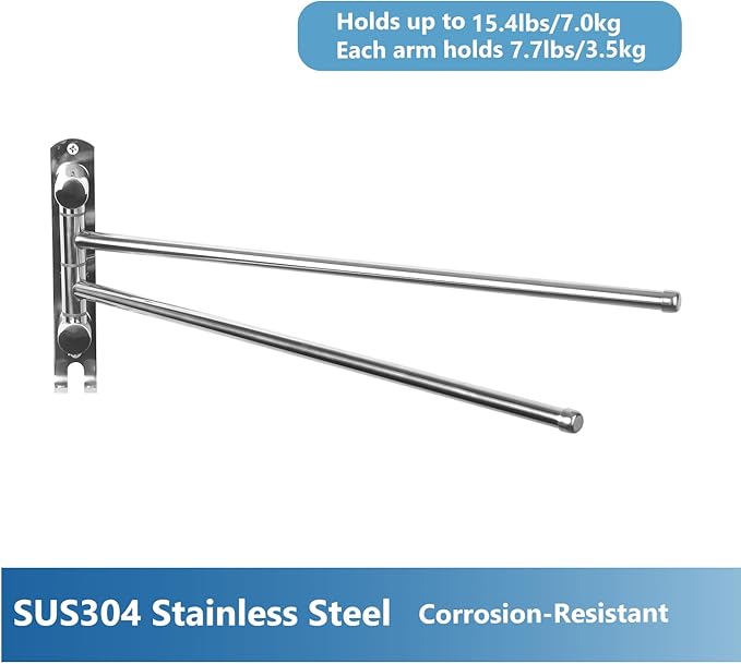 Wall Mounted Towel Rack JSVER 2 Arms Extended Swivel Towel Holder, SUS304 Stainless Steel Towel Racks for Bathroom, Kitchen
