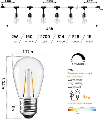 Svater 96 FT Outdoor String Lights 2W, Patio Light for Outside with 32 Antique S14 Plastic LED Bulbs, IP65 Waterproof Hanging Cafe Market Lighting, ETL-Listed Dimmable Warm White 2700K (48 FT x 2)