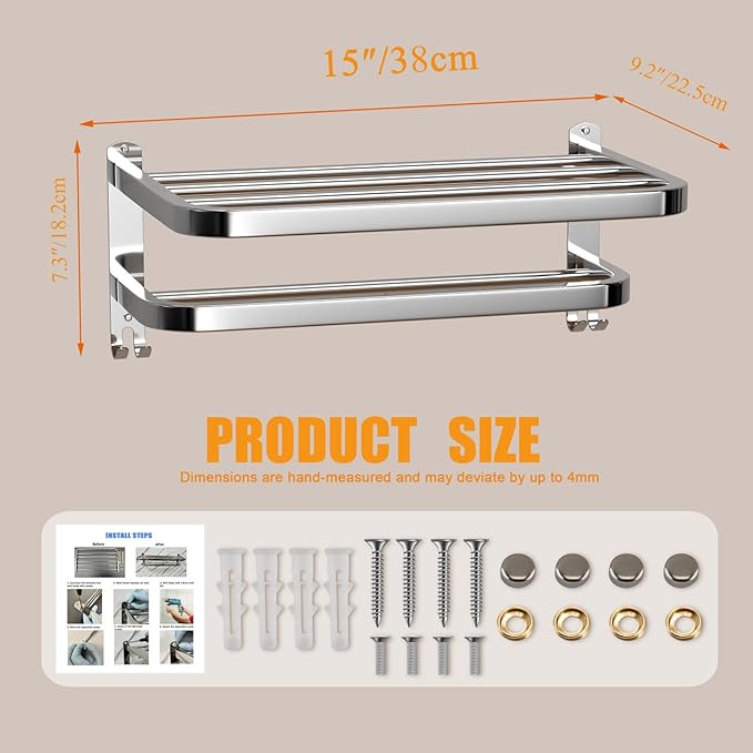DDS-DUDES Bathroom Towel Rack Towel Shelf with Double Towel Bars Lavatory Wall Mount Holder with Hooks Stainless Steel Hotel Bath Rack 15 inches