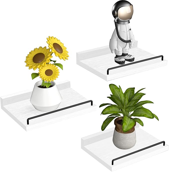 Small Floating Shelf, 6X9 Inches Farmhouse Wall Shelves for Living Room, Bedroom, Picture Frames, Plants, Kitchen, Set of 3 (White and Black)