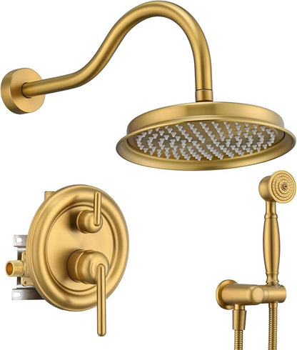 Antique Rainfall Shower System Bathroom Luxury Rain Mixer Shower Faucet Set with Pressure Balance Valve, Shower Combo Set with Rain Shower Head and Vintage Handheld Spray 9 inch Brushed Gold