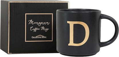 COLLECTIVE HOME - Monogram Ceramic Mugs, 15 oz Golden Initial Black Coffee Cups, Elegant Alphabet Tea Mugs, Elegant Personalized Mug with Gift Box, Unique Mug with Double Side Capital Lette (D)