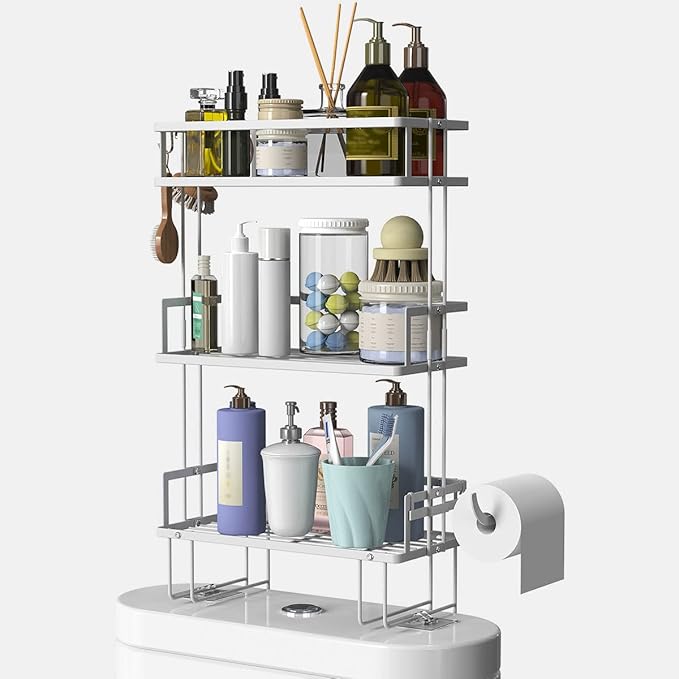 Over The Toilet Storage,3-Tier Bathroom Organizer Shelves with Paper Holder, Multifunctional Toilet Rack,No Drilling Storage Shelf, Home Storage Space Saver Wall Mounting Design,White