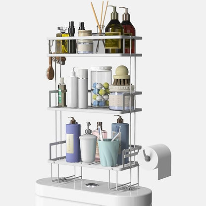 Over The Toilet Storage,3-Tier Bathroom Organizer Shelves with Paper Holder, Multifunctional Toilet Rack,No Drilling Storage Shelf, Home Storage Space Saver Wall Mounting Design,White