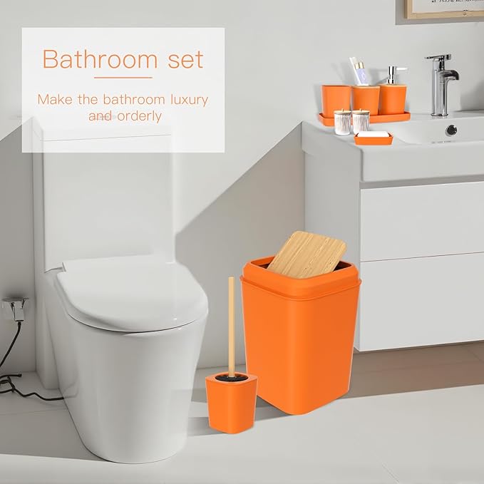 Orange Bathroom Accessories Set 9 Piece Bathroom Accessory Set with Trash Can,Toothbrush Holder,Toothbrush Cup,Lotion Soap Dispenser,Vanity Tray,Soap Dish,Toilet Brush,Qtip Holder