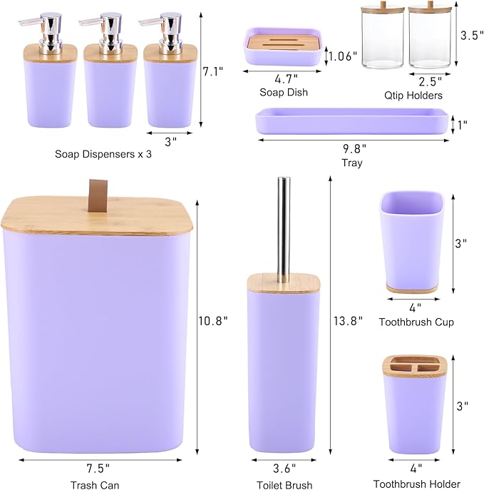 Purple Bathroom Accessories, Bathroom Accessories Set with Trash Can, Soap Dispenser, Toothbrush Holder, Toothbrush Cup, Soap Dish, Toilet Brush, Tray and Q-tip Holders for Housewarming