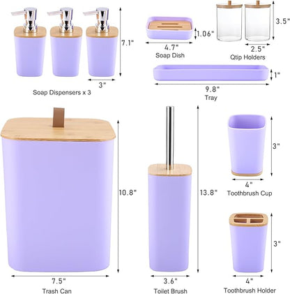 Purple Bathroom Accessories, Bathroom Accessories Set with Trash Can, Soap Dispenser, Toothbrush Holder, Toothbrush Cup, Soap Dish, Toilet Brush, Tray and Q-tip Holders for Housewarming