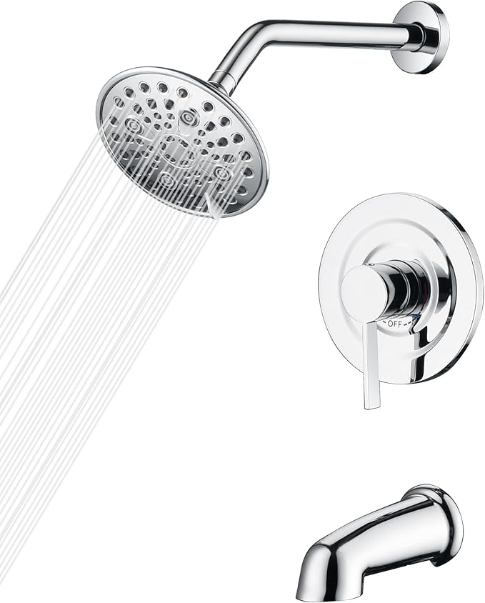 sumerain Tub and Shower Faucet Set with 6-Setting Shower Head, Modern Wall Mounted Tub Shower Systems with Valve and Trim Kit,Chrome