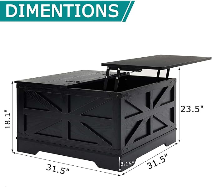 Black Coffee Table with Storage, Cocktail Table with Hinged Lift Top, Farmhouse Square Wood Center Table with Large Hidden Storage Compartment for Living Room, Square Coffee Table, Metal Edges Decor
