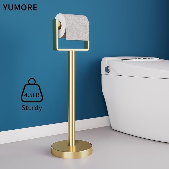 YUMORE Toilet Paper Holder Free Standing, Stainless Steel Toilet Paper Stand, Weighted Base Floor Tissue Roll Holder for Bathroom,Gold 200UP