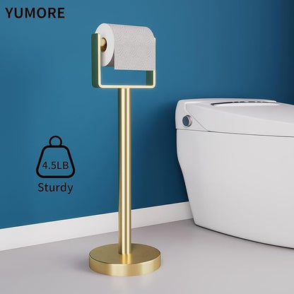 YUMORE Toilet Paper Holder Free Standing, Stainless Steel Toilet Paper Stand, Weighted Base Floor Tissue Roll Holder for Bathroom,Gold 200UP