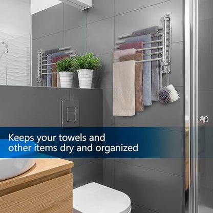 Towel Rack Wall Mounted JSVER Bathroom Towel Rack, Space Saving Towel Holder, 13.4 Inches Swivel SUS304 Stainless Steel Towel Bar, 180° Rotation 6 Arms Towel Racks for Bathroom