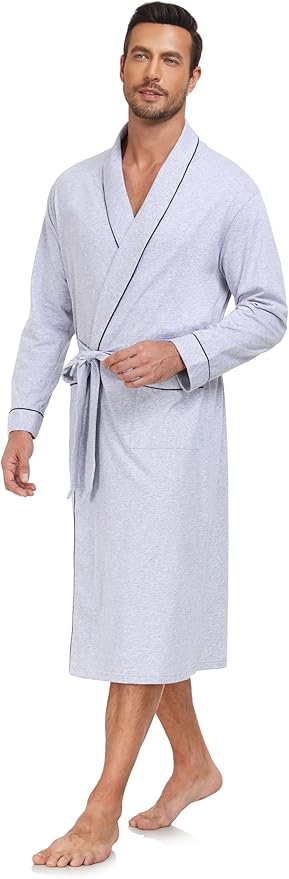 COLORFULLEAF Mens 100% Cotton Robes Lightweight Summer Long Bathrobe Sleepwear Soft Knit Spa Robe with Pockets