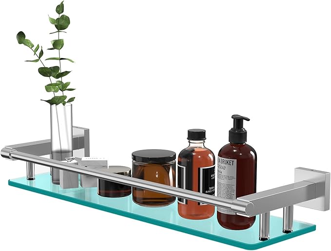 20 Inches Glass Shelf for Bathroom, Brushed Nickel Glass Shelves for Wall with Smooth Stainless Steel Railing, Modern Tempered Glass Organizer Shelf