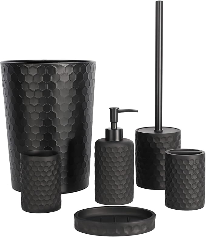 zccz Bathroom Accessory Set - 6 Pcs Black Bathroom Accessories Set with Trash Can, Toothbrush Holder, Toothbrush Cup, Soap Dispenser, Soap Dish, Toilet Brush with Holder - Accessoire Salle de Bain