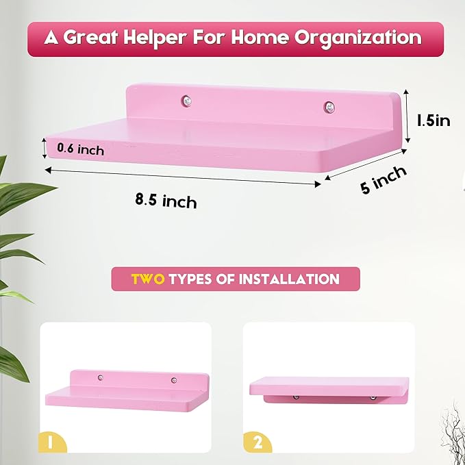 Small Floating Shelf,5 x 8.5 Inch,Set of 3 Small Wall Shelf for Bedroom Living Room Bathroom Kitchen Office (Pink)
