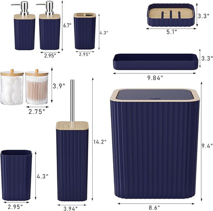 Bathroom Accessories Set - Elegant Blue Bathroom Set, 10PC Bathroom Accessory Set, Toilet Brush, Trash Can, Qtip Holder Dispenser & Soap Dispenser