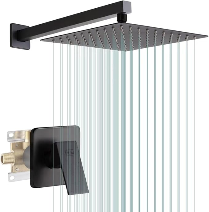 POP SANITARYWARE Matte Black Shower Faucet Set Bathroom Rainfall Mixer 10 Inch Shower Head System Single Handle Shower Trim Kit with Valve