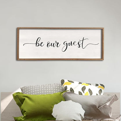 comurdyo Be Our Guest Wall Decor Sign 40”X15” Large Master Bedroom Above Bed Wall Decor Wood Framed Guest Room Sign Simple Rustic Farmhouse Over Bed Bedside Wall Art (Wood)