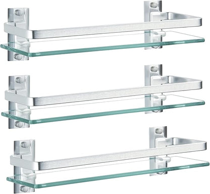 AIJALY 3 Pack Bathroom Glass Shelf,Aluminum Tempered Glass 0.34in Extra Thick Rectangular 1 Tier Storage Organizer Wall Mount,Silver 15.7in