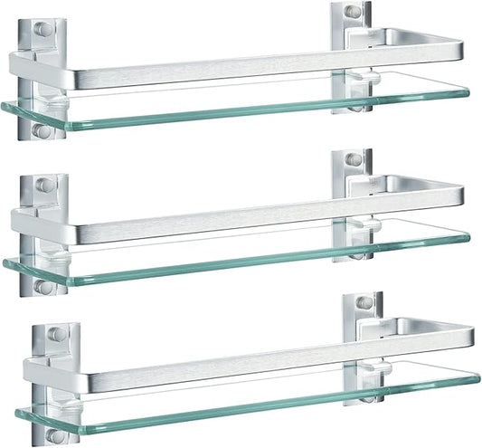 AIJALY 3 Pack Bathroom Glass Shelf,Aluminum Tempered Glass 0.34in Extra Thick Rectangular 1 Tier Storage Organizer Wall Mount,Silver 15.7in