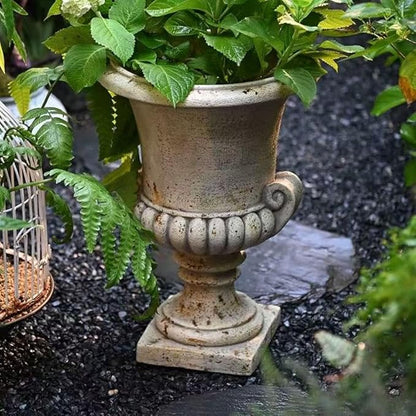 Vintage European Garden Urn Planter, Decorative Cement and Fiber Flower Pot, Make Antiqued Finished, H=19.7in, Wrap Foam Safely Delivered from Local Warehouse (Antiqued, Medium)