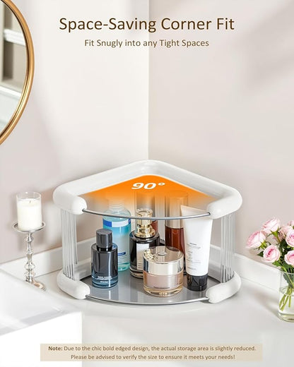 Corner Bathroom Counter Organizer, Perfume Skincare Organizers and Storage Countertop, Makeup Shelf for Vanity Dresser, Tiered Counter Top Skin Care Holder, 2 Tier, White