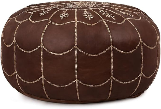 Stuffed Arch Design Moroccan Leather Pouf Ottoman, Handmade, Pre-Filled, 100% Genuine Leather, 14” Height x 22” Diameter – Boho Chic Footstool & Living Room Décor (Brown)