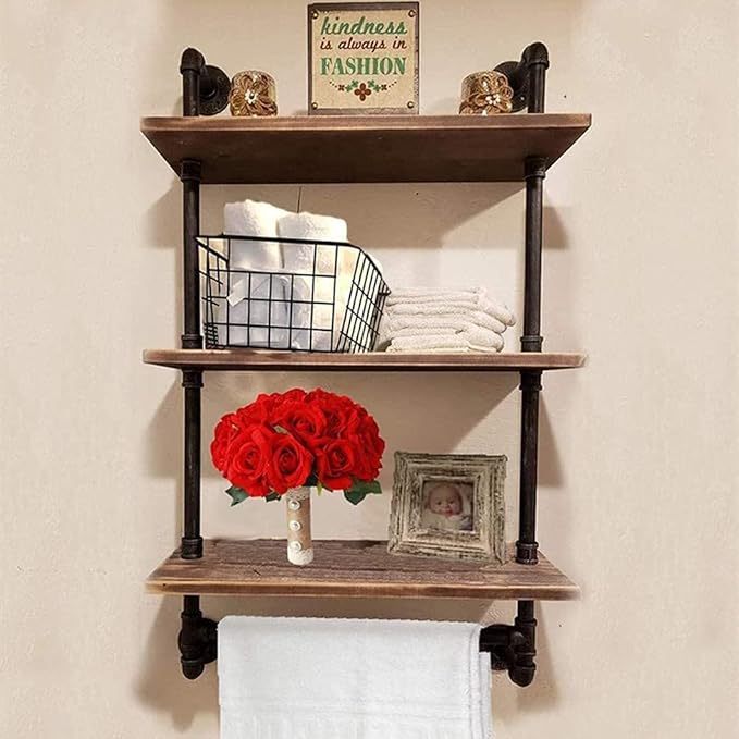 DR.IRON Industrial Pipe Shelving Rustic Bathroom Shelves with Towel Bar, 24" Pipe Shelf Wall Mounted, Farmhouse Bathroom Shelf Storage (3 tier-24)