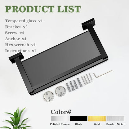 Alise Glass Shelves for Bathroom Wall, Tempered Glass Bathroom Shelf Wall Mounted, Modern Space Saving Floating Shelves 12 inch, Matte Black