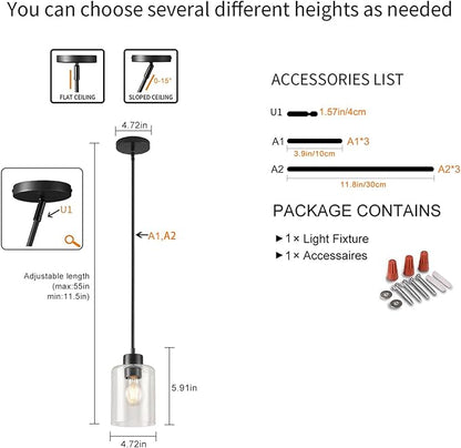 Black Pendant Lights Kitchen Island - Seeded Glass Pendant Light Fixture Multiple Stems Rods 3 Units 12 Inch 3 Units 4 Inch (1 Pack Black Seeded Downrod)