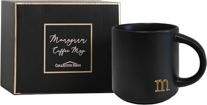 COLLECTIVE HOME - Black Monogram Ceramic Mugs, 15 oz Golden Initial Coffee Cups, Elegant Alphabet Tea Mugs, Personalized Halloween Mug with Gift Box, Perfect for Office and Home Décor (m)