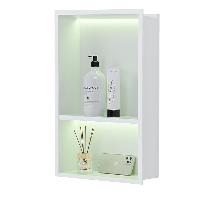 Stainless Steel Shower Niche 12" X 18", No Tile Needed Wall Niche with RGB Led Light, Recessed Shower Shelf for Bathroom Storage Over Mount Installation, Matte White