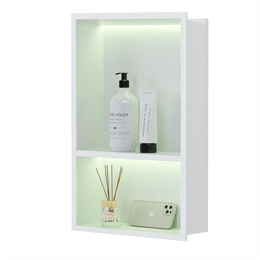 Stainless Steel Shower Niche 12" X 18", No Tile Needed Wall Niche with RGB Led Light, Recessed Shower Shelf for Bathroom Storage Over Mount Installation, Matte White