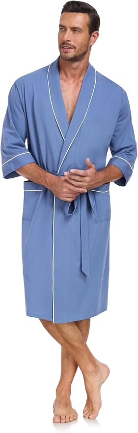 COLORFULLEAF Men's Bathrobes 100% Cotton Soft Comfort Breathable Short Sleeve Summer Kimono Mens Lightweight Robe