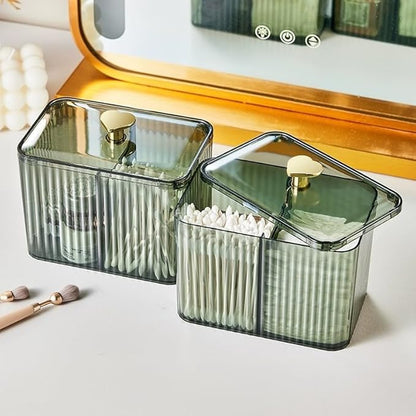 Qtips Holder Bathroom Container,3-Section Cotton Ball/Swabs Dispenser,3 Grids Apothecary Jar Organizer, Cosmetics Storage for Vanity