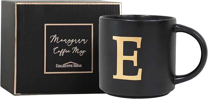 COLLECTIVE HOME - Monogram Ceramic Mugs, 15 oz Golden Initial Black Coffee Cups, Elegant Alphabet Tea Mugs, Elegant Personalized Mug with Gift Box, Unique Mug with Double Side Capital Lette (E)