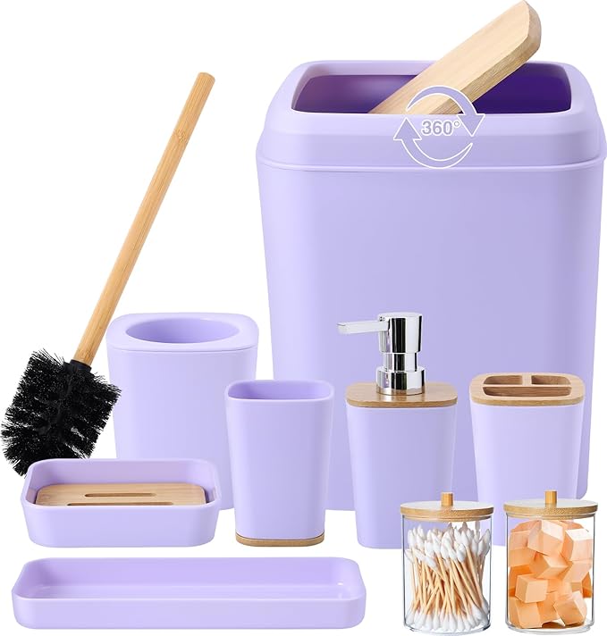 Purple Bathroom Accessories Set, 9 Piece Purple Bathroom Accessory Set with Trash Can,Toothbrush Holder,Toothbrush Cup,Lotion Soap Dispenser,Vanity Tray,Soap Dish,Toilet Brush,Qtip Holder