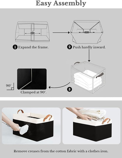 StorageWorks Storage Bins, Fabric Storage Bins for Shelves, Large Storage Baskets with Metal Frame, Closet Baskets and Bins with Handles, Black and White, 2-Pack