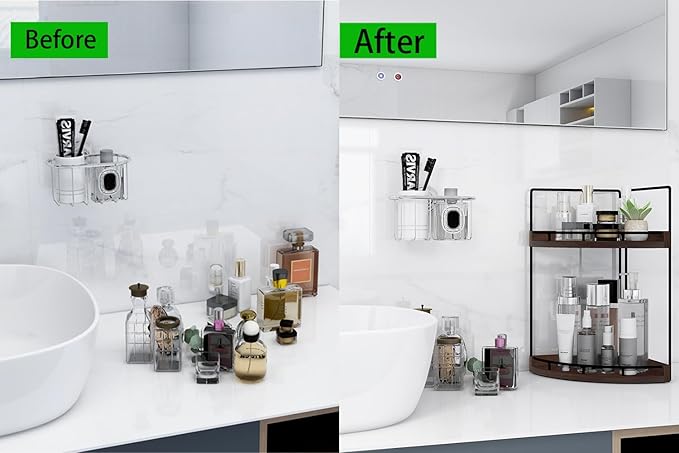 Dorhors 2-Tier Bathroom Counter Organizer,Vanity Counter Corner Shelf, Skincare, Wood Countertop Bathroom Storage and Organization for Kitchen (Walnut)