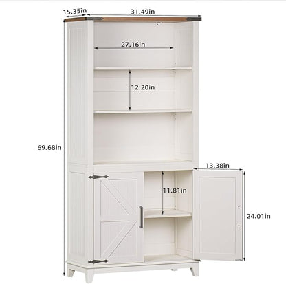 5 Tier Bookshelf 70in Tall Bookcase with Barn Doors and Storage Cabinet, White Farmhouse Book Shelf with Adjustable Shelves, Wood Freestanding Display Bookshelves for Bedroom, Living Room