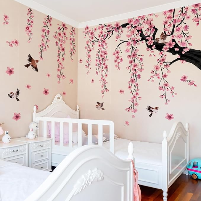 Runtoo Large Cherry Blossom Tree Wall Decals Peel and Stick Pink Floral Wall Art Stickers for Living Room Bedroom Nursery Flower Decor